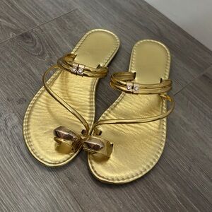 Gold Metallic Strappy Flat Sandals | Rhinestone Detail Minimal Slides